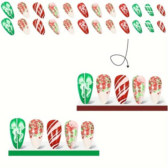 Christmas Press-On Nail Set - Almond Shaped Long Mixed Color Nails - Picture 3 of 5